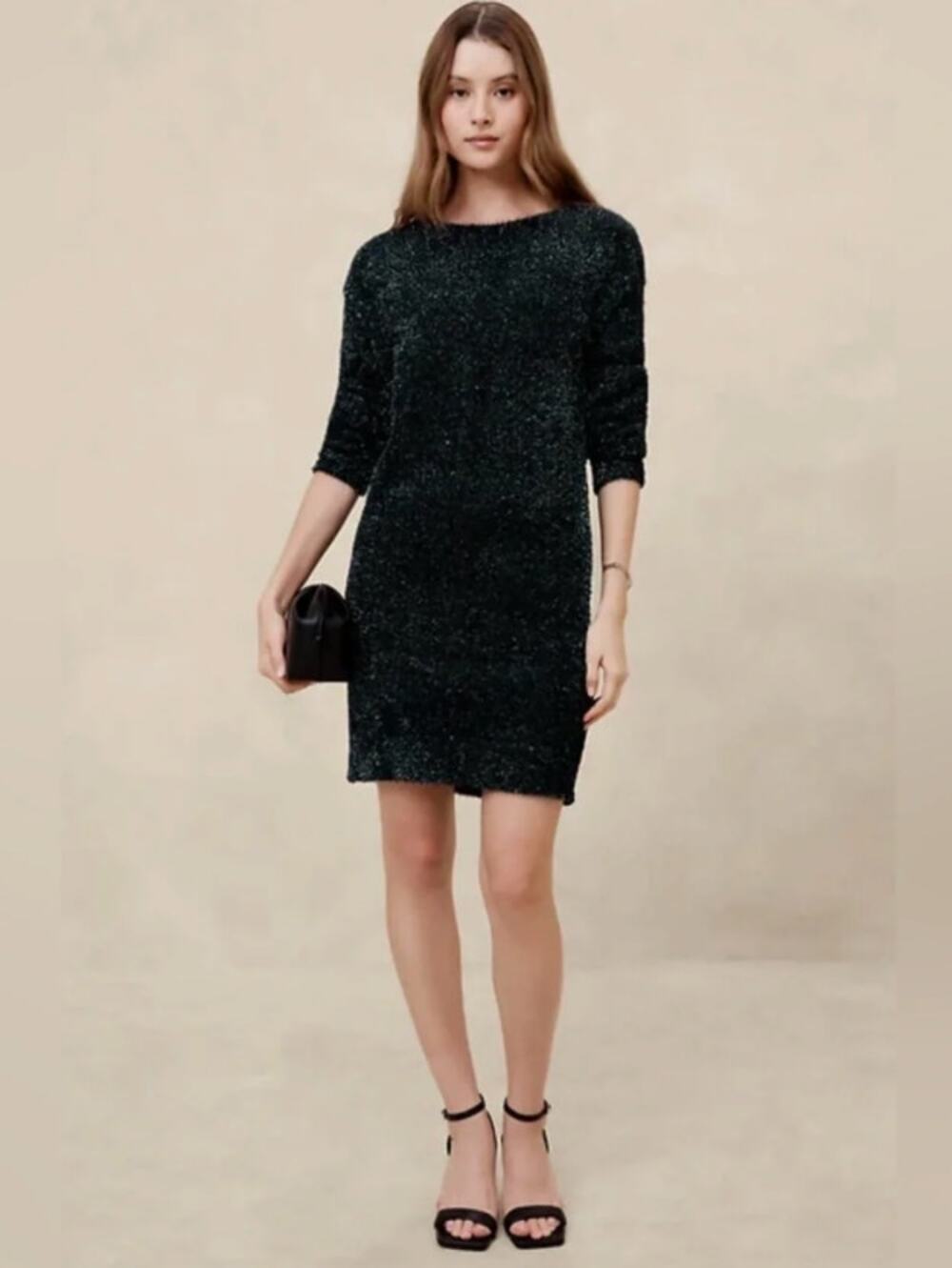BANANA REPUBLIC Tinsel Mini Sweater Dress Black Sz L NWT $150 {3T50}